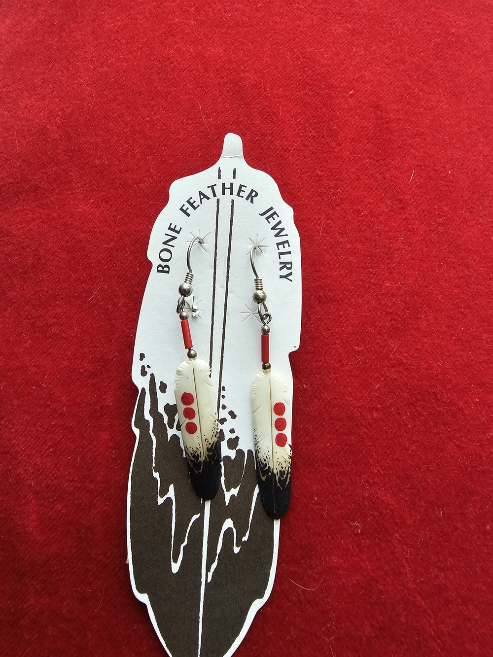 NAVAJO White Feather Earrings with Red Accents SIGNED